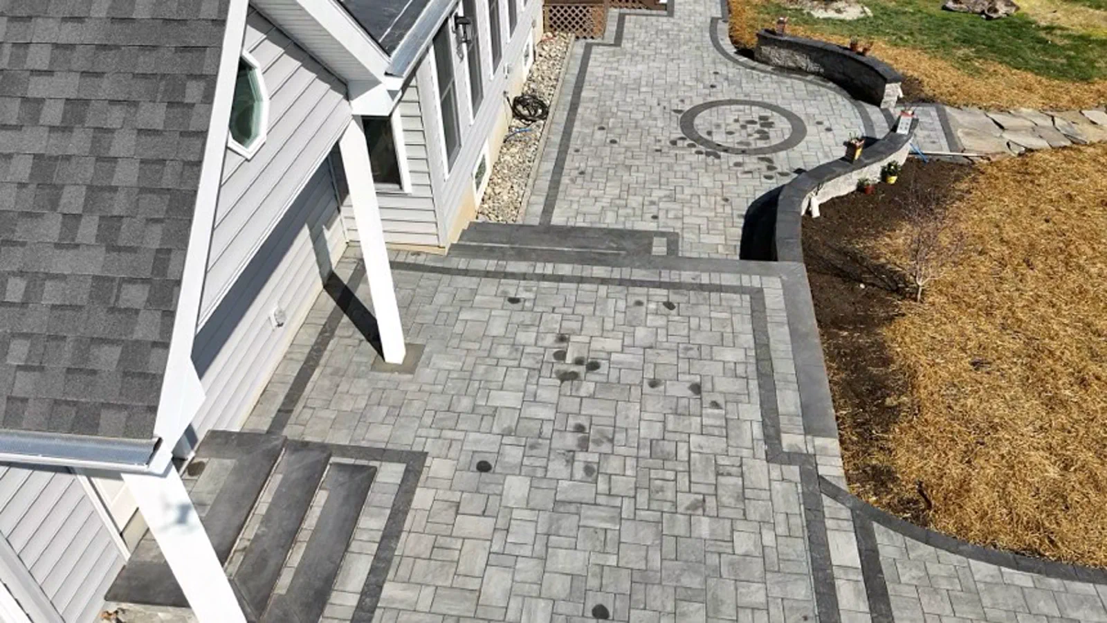 Aerial view of a Newark multi-level paver patio