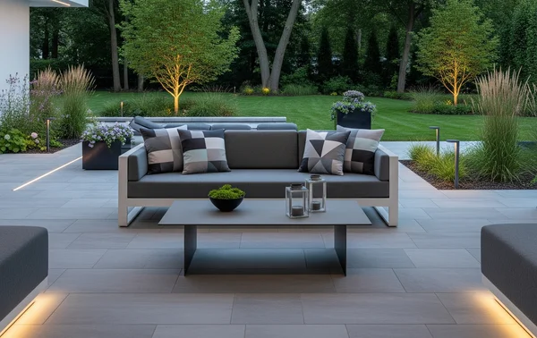 A modern outdoor lounge space with a table and modern seating.